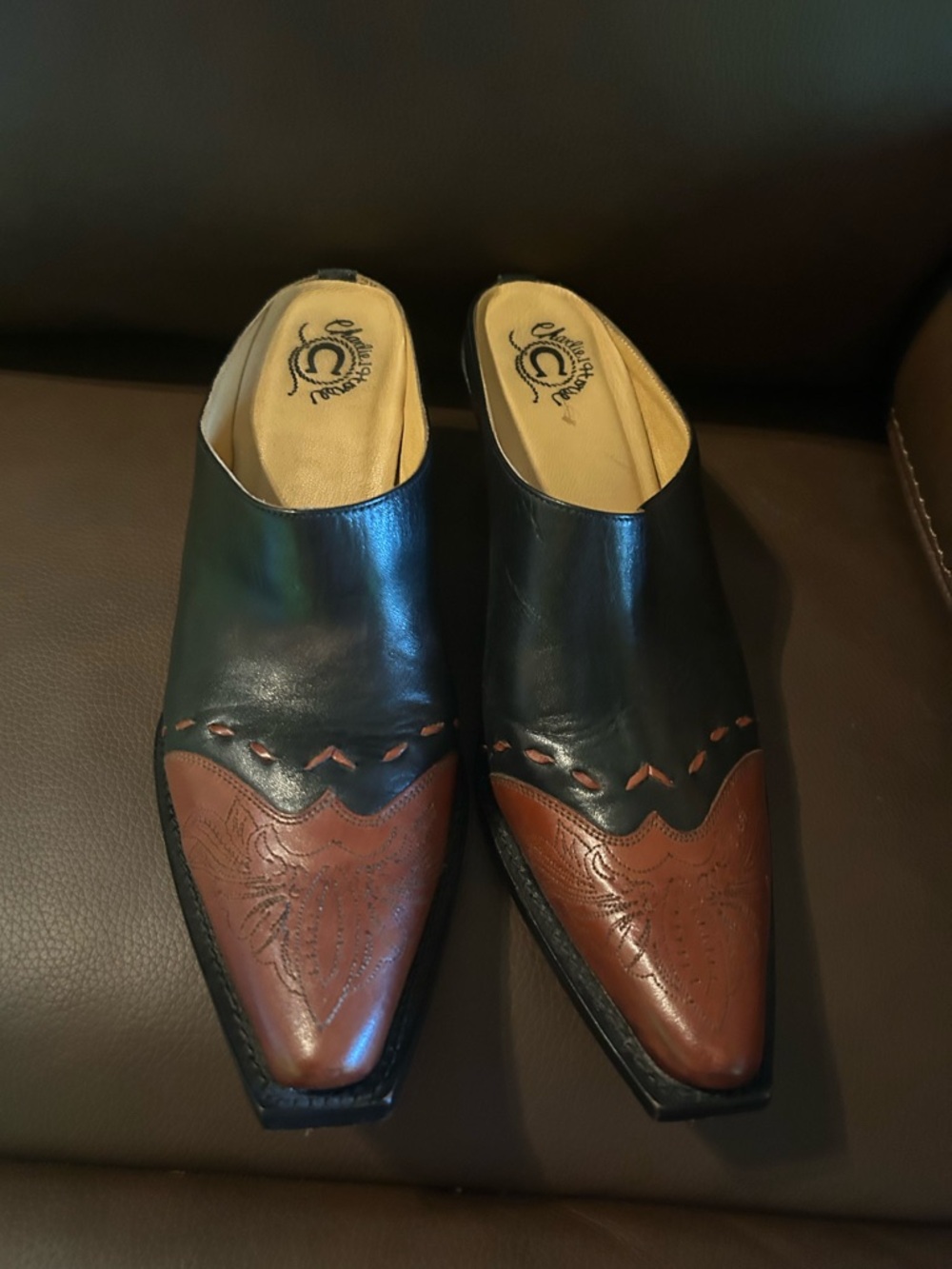 Women's Two-Tone Black and Brown Pointed Heeled Mules